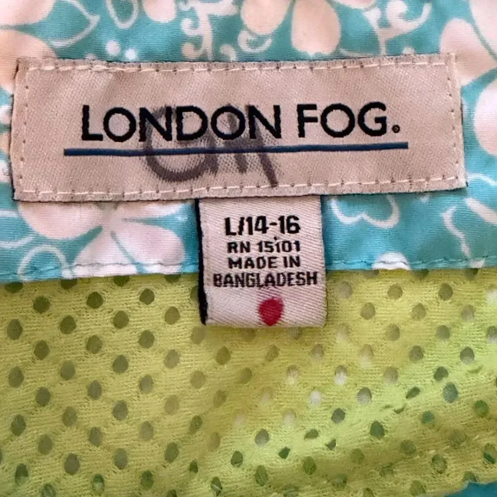 London Fog Girls Hooded Windbreaker Jacket Blue Floral Mesh Lined Size 14/16